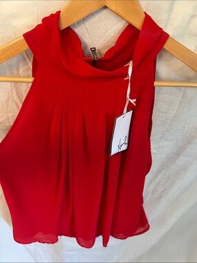 NOR Red Sleeveless Pleated Halter Blouse